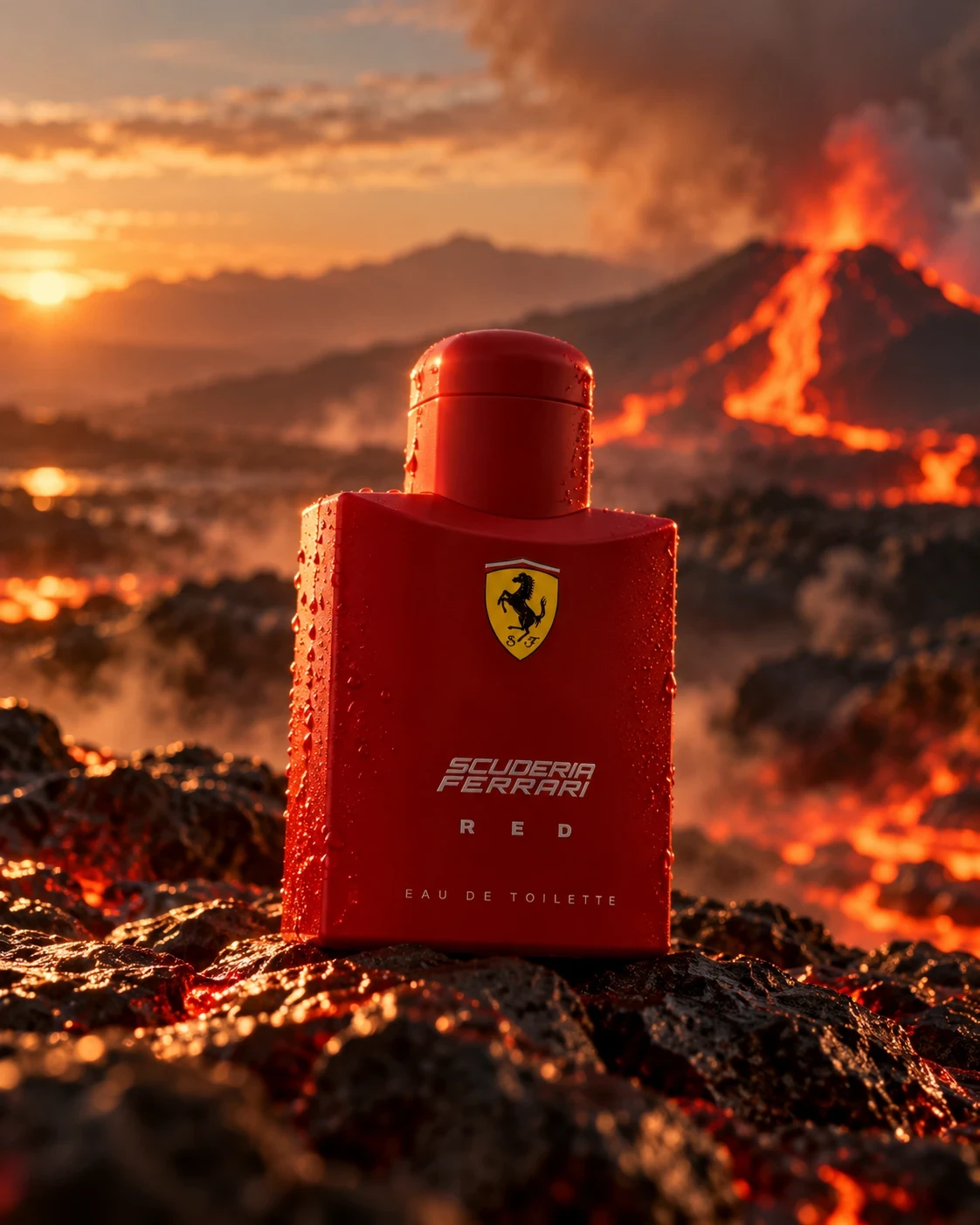 Scuderia Ferrari Red product shot: the dew-covered red bottle stands on black volcanic rock with lava flows and a sunset behind it